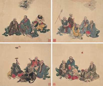 佚名 福禄寿禧四开罗汉图 镜心